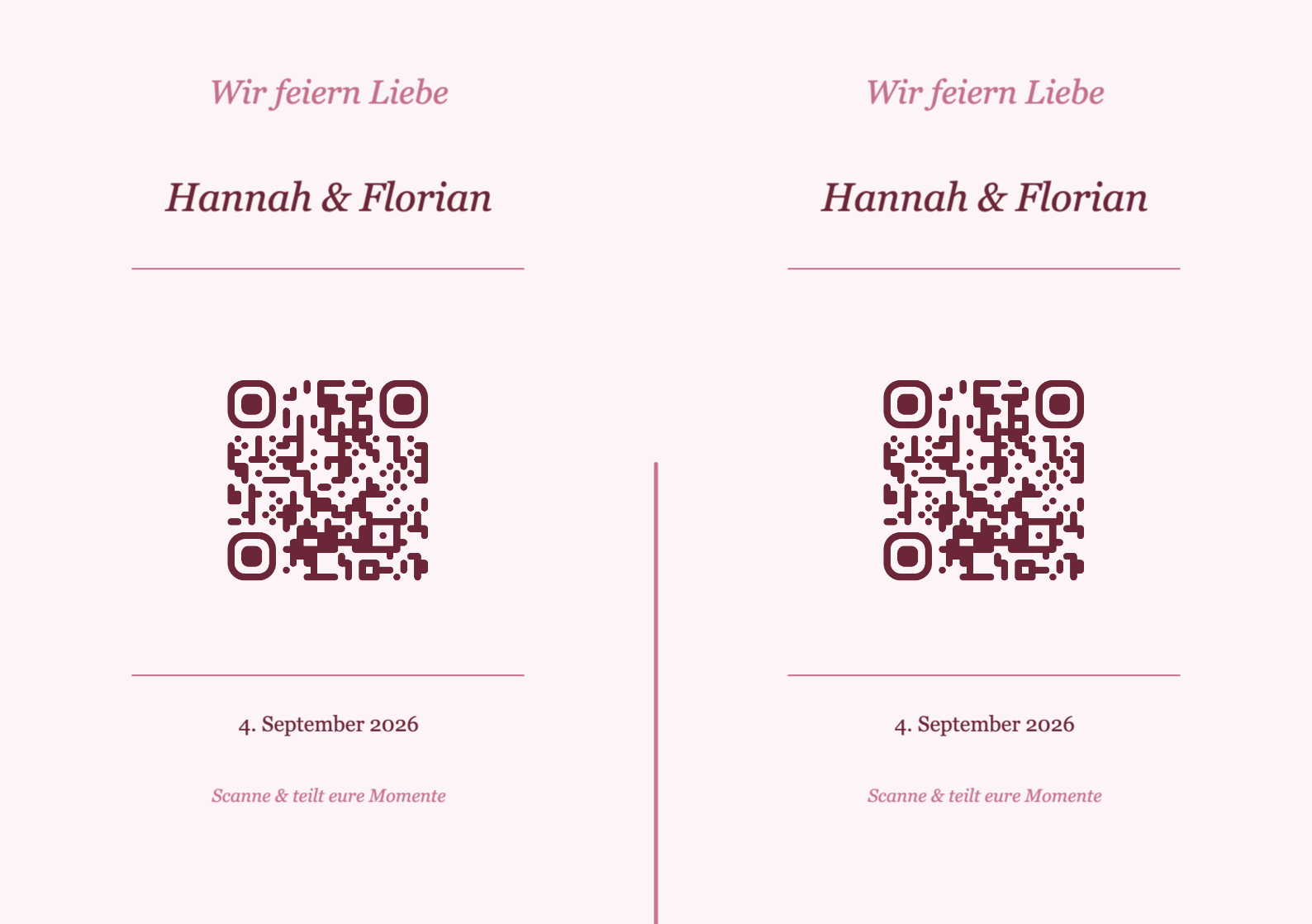 Hochzeit QR-Code Tischkarte Vorlage – Romantisch A5 Querformat