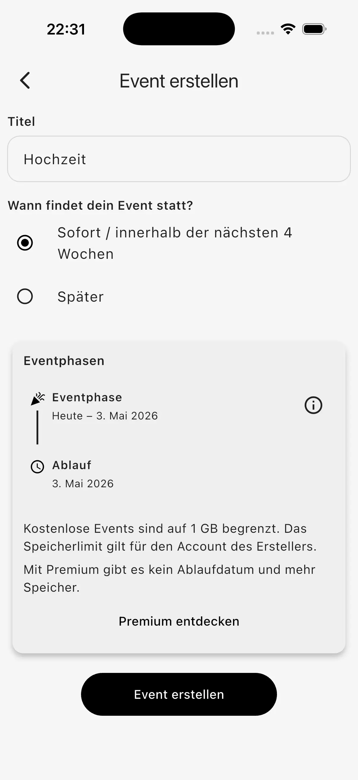 EventPics: Event erstellen – Titel eingeben und Startdatum wählen